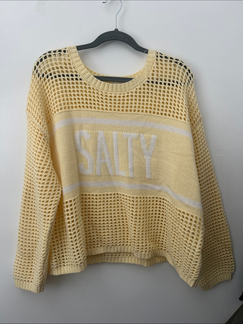 Hooked Up by IOT Pale Yellow 'SALTY' Open-Weave Crewneck Sweater